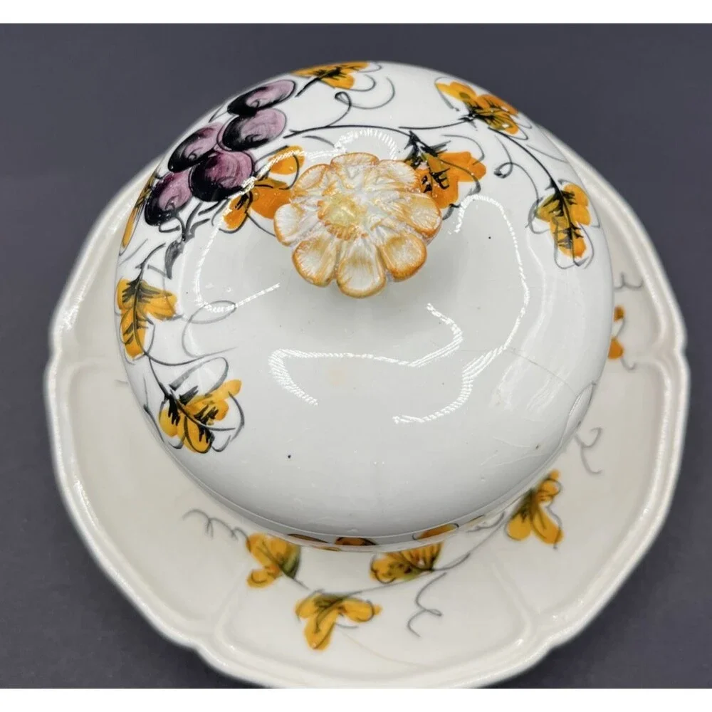 Vtg Italian Apple Shaped Covered Bowl & Saucer Hand Painted Mid-Century